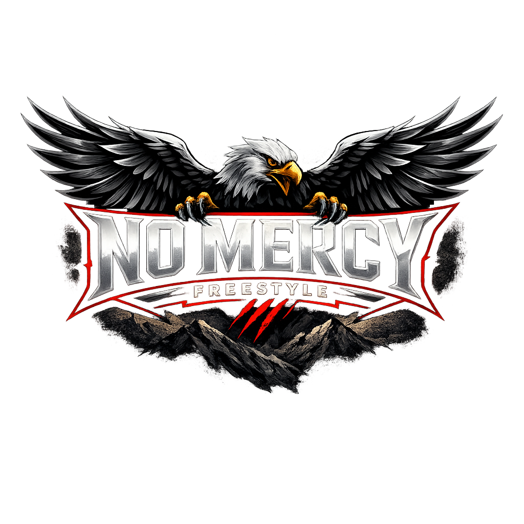 Logo with an eagle holding 'No Mercy Freestyle' text on a white background