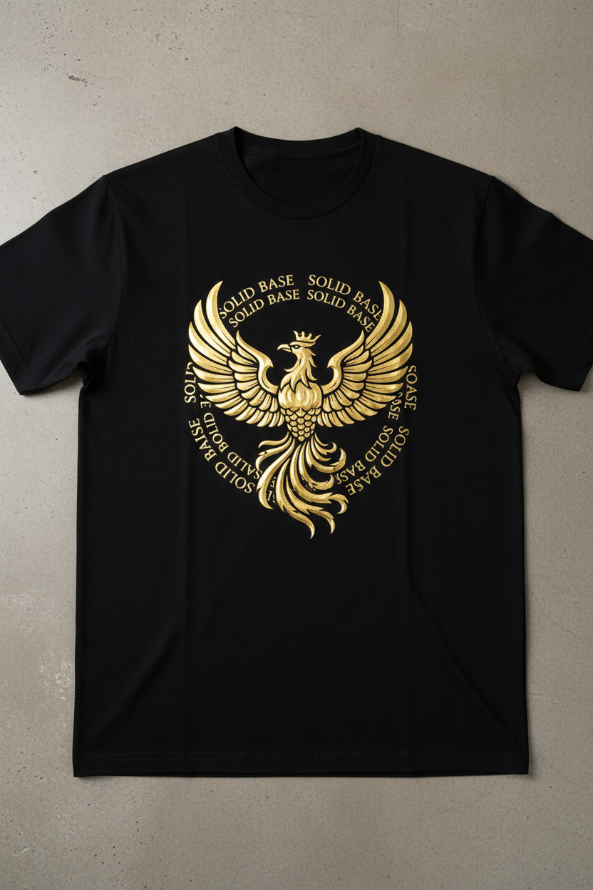 Black t-shirt with gold phoenix and solid base circle - front