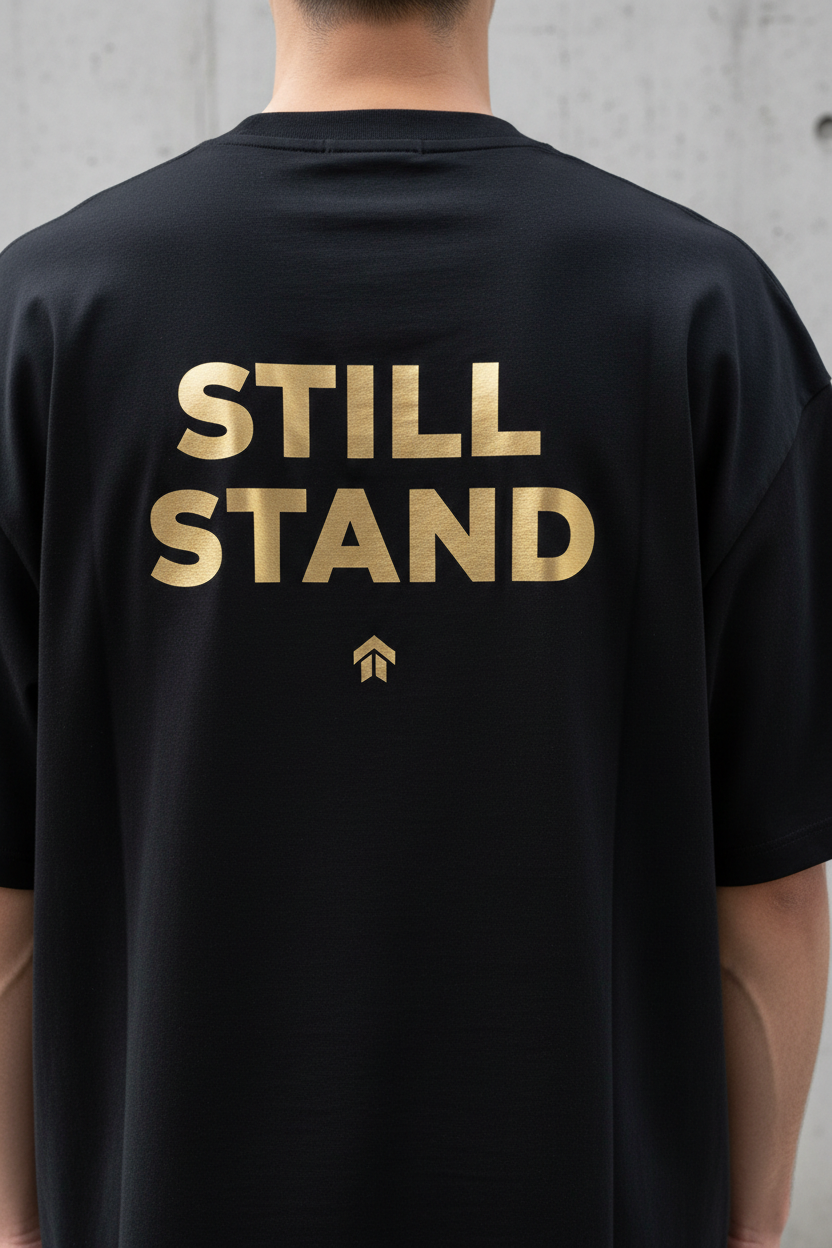 Black t-shirt with Still Stand gold letters - back